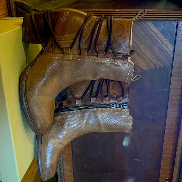 Bed Stu Shoes - Bed Stu ankle boots with back tie and over stitching detail in tan.